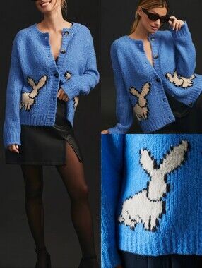 Anthropologie Maeve Bunny Slope Cardigan Sz M Wool Blend Cute Statement Sweater